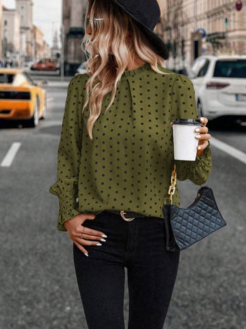 Clasi Autumn Casual Polka Dot Print Puff Sleeve Blouse