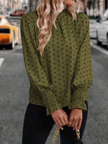 Clasi Autumn Casual Polka Dot Print Puff Sleeve Blouse