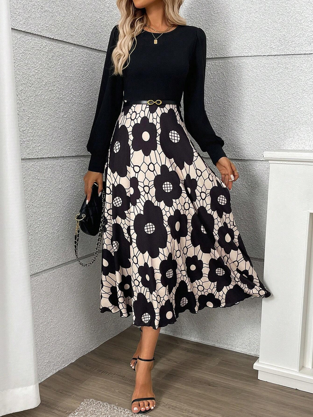 Black Floral Print Patchwork Elegant Dress, For Autumn