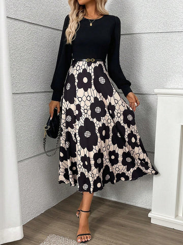Black Floral Print Patchwork Elegant Dress, For Autumn