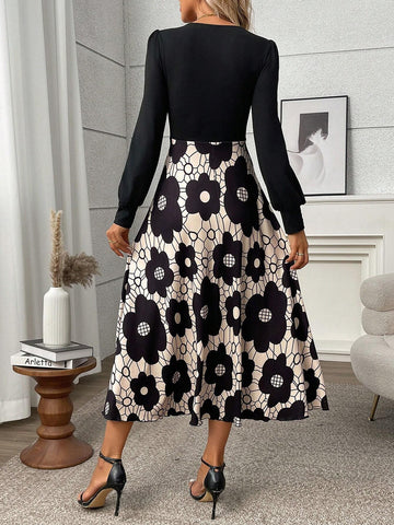 Black Floral Print Patchwork Elegant Dress, For Autumn
