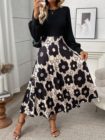 Black Floral Print Patchwork Elegant Dress, For Autumn