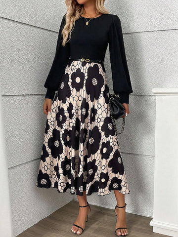 Black Floral Print Patchwork Elegant Dress, For Autumn