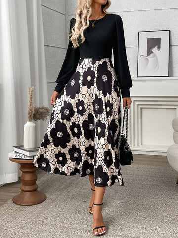Black Floral Print Patchwork Elegant Dress, For Autumn
