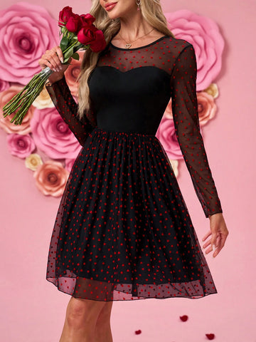 Black Mesh & Red Heart Flocked A-Line Short Fitted Dress, Long Sleeve Round Neck For Women