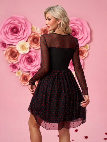 Black Mesh & Red Heart Flocked A-Line Short Fitted Dress, Long Sleeve Round Neck For Women