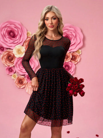 Black Mesh & Red Heart Flocked A-Line Short Fitted Dress, Long Sleeve Round Neck For Women