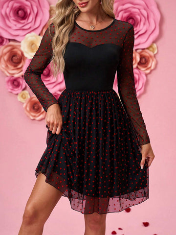 Black Mesh & Red Heart Flocked A-Line Short Fitted Dress, Long Sleeve Round Neck For Women