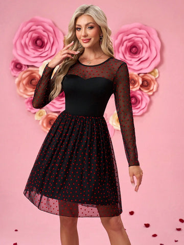 Black Mesh & Red Heart Flocked A-Line Short Fitted Dress, Long Sleeve Round Neck For Women