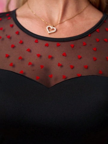 Black Mesh & Red Heart Flocked A-Line Short Fitted Dress, Long Sleeve Round Neck For Women