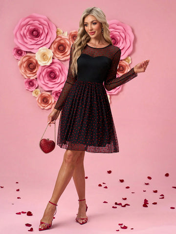 Black Mesh & Red Heart Flocked A-Line Short Fitted Dress, Long Sleeve Round Neck For Women