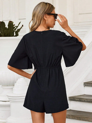 Black V-Neck Button Decorated Romper