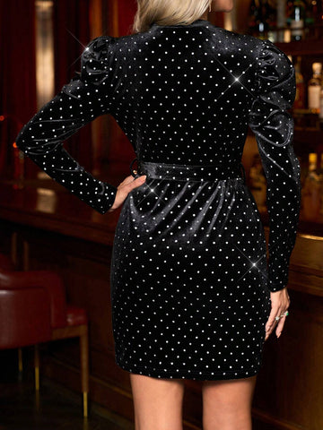 Black Velvet Mini Glitter Party Dress For Women, Autumn/Winter Black Velvet Dress New Years E