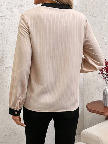 Clasi Black & Beige Color Block V-Neck Long Sleeve Loose Women Shirt