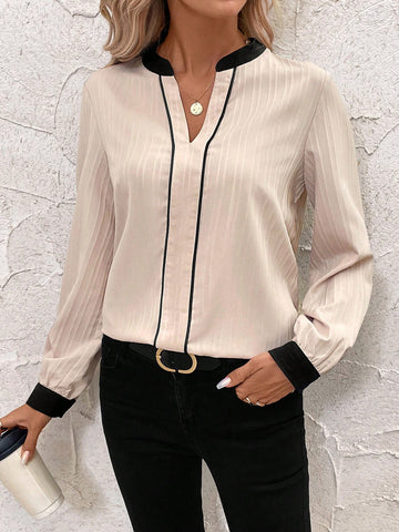 Clasi Black & Beige Color Block V-Neck Long Sleeve Loose Women Shirt