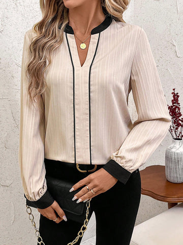 Clasi Black & Beige Color Block V-Neck Long Sleeve Loose Women Shirt