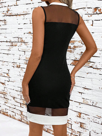 White Contrast Color Mesh Patchwork Bodycon Dress