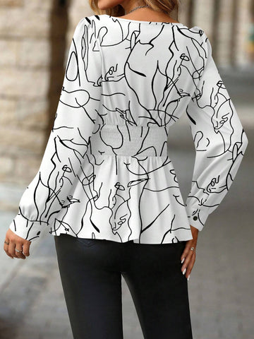 Clasi Black & White Geometric Print Fitted Long Sleeve Women's Shirt