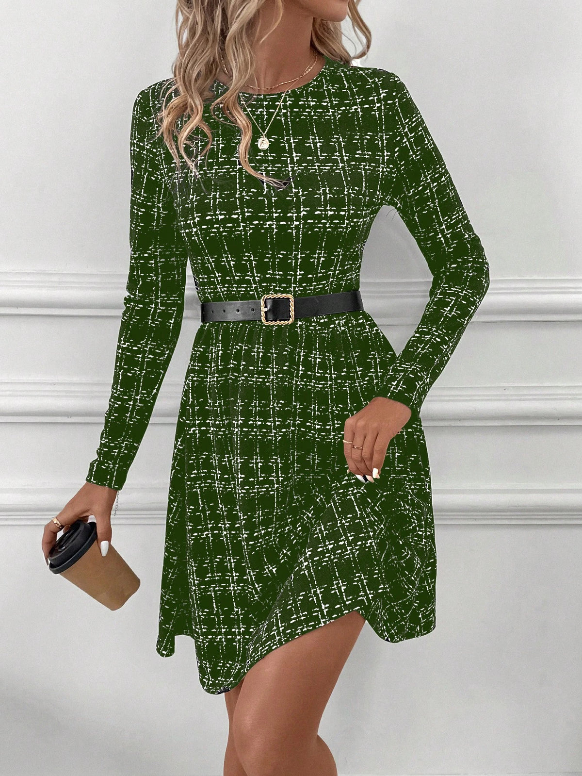 Black & White Plaid Round Neck Long Sleeve Short Dress For Women, Autumn/Winter