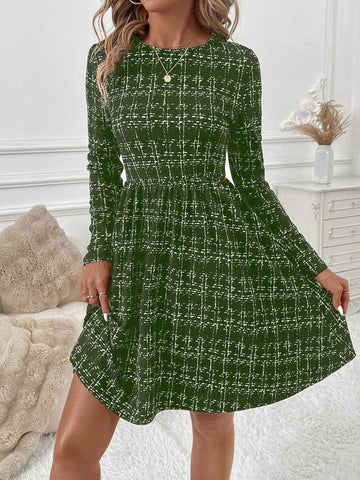 Black & White Plaid Round Neck Long Sleeve Short Dress For Women, Autumn/Winter