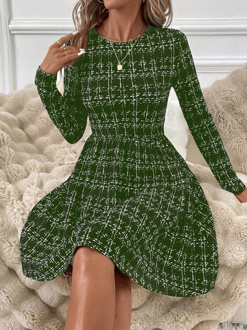 Black & White Plaid Round Neck Long Sleeve Short Dress For Women, Autumn/Winter