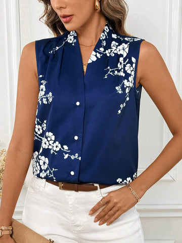 Clasi Blue And White Geometric Print Workwear Open-Front Blouse For Women