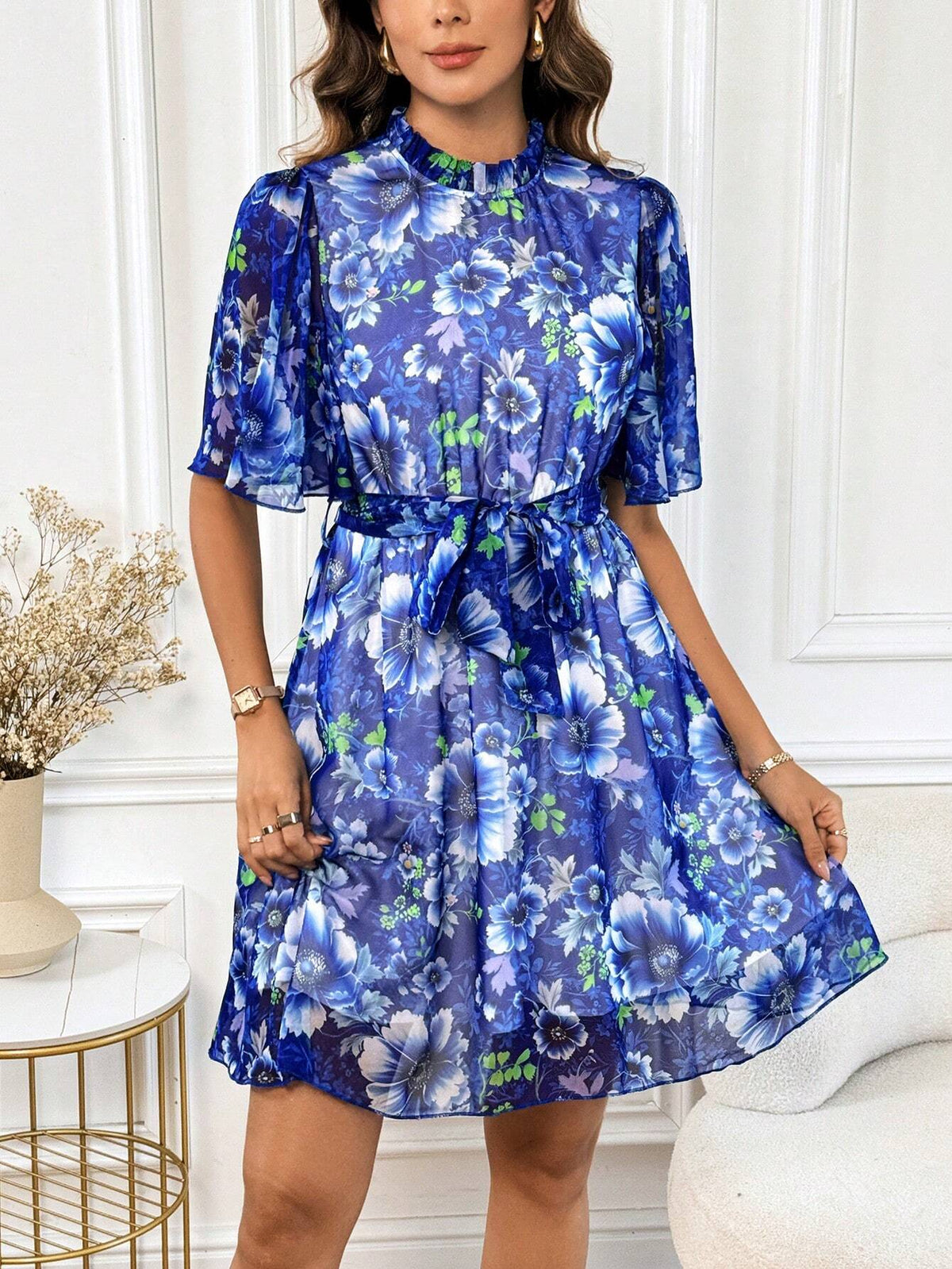 Blue Floral Printed Dress For Women Bridgerton Style Dress