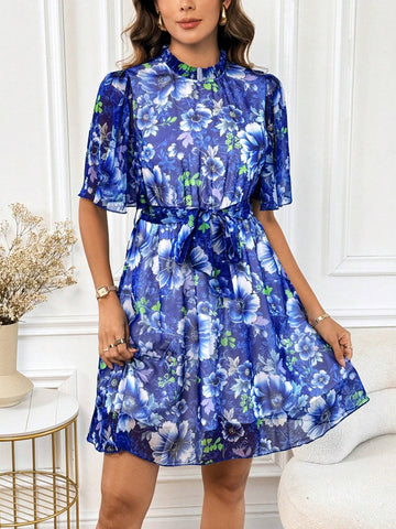 Blue Floral Printed Dress For Women Bridgerton Style Dress