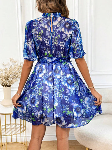 Blue Floral Printed Dress For Women Bridgerton Style Dress