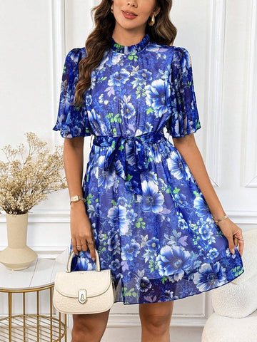 Blue Floral Printed Dress For Women Bridgerton Style Dress