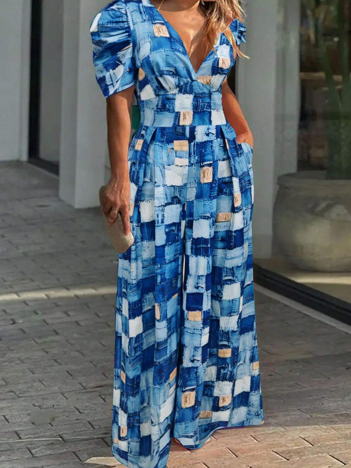 Blue V-Neck Bubble Sleeve Waist-Tie Wide Leg Ladies Jumpsuit