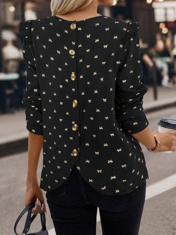 Clasi Bow Print Round Neck Casual Long Sleeve Blouse