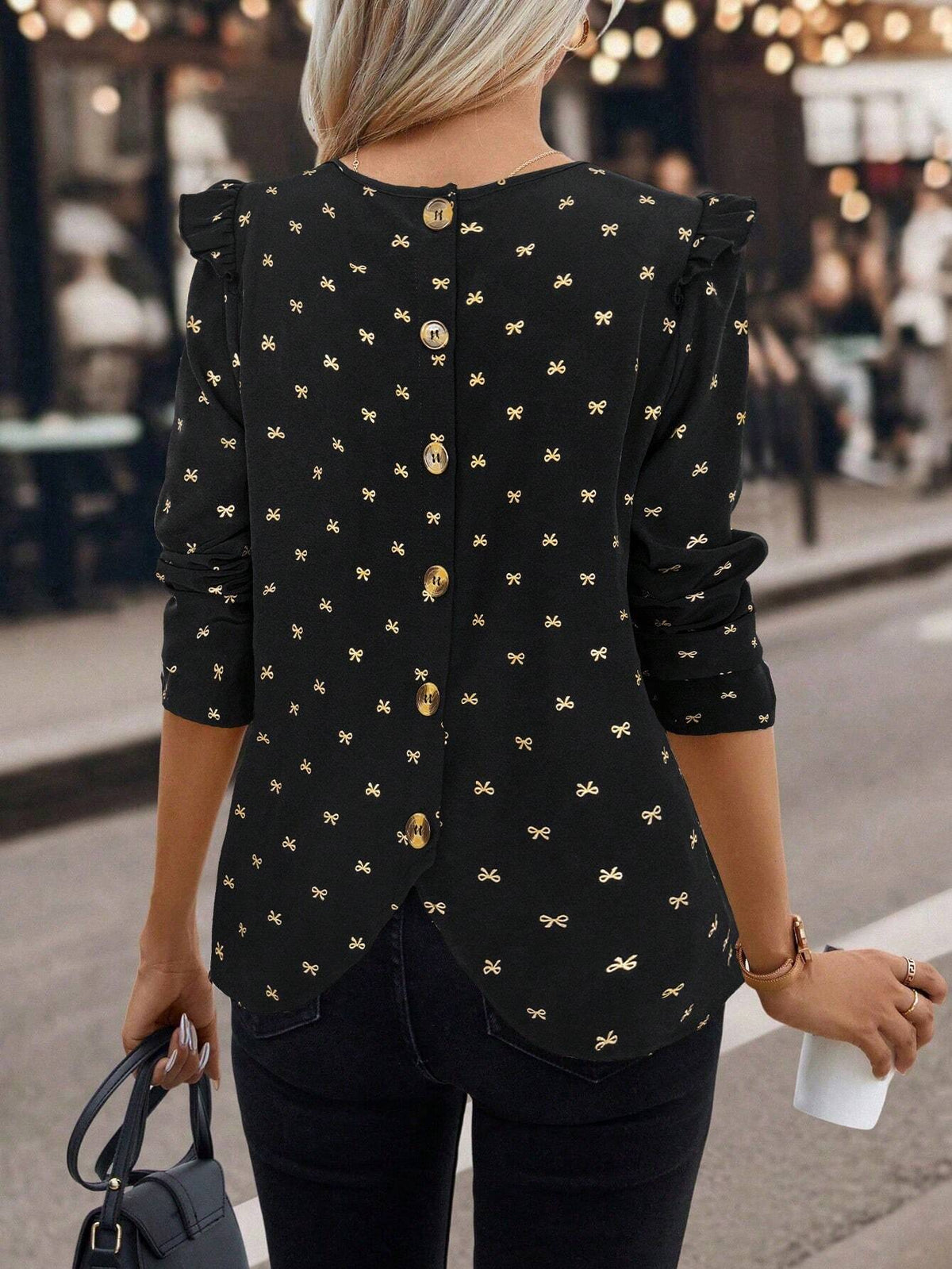 Clasi Bow Print Round Neck Casual Long Sleeve Blouse