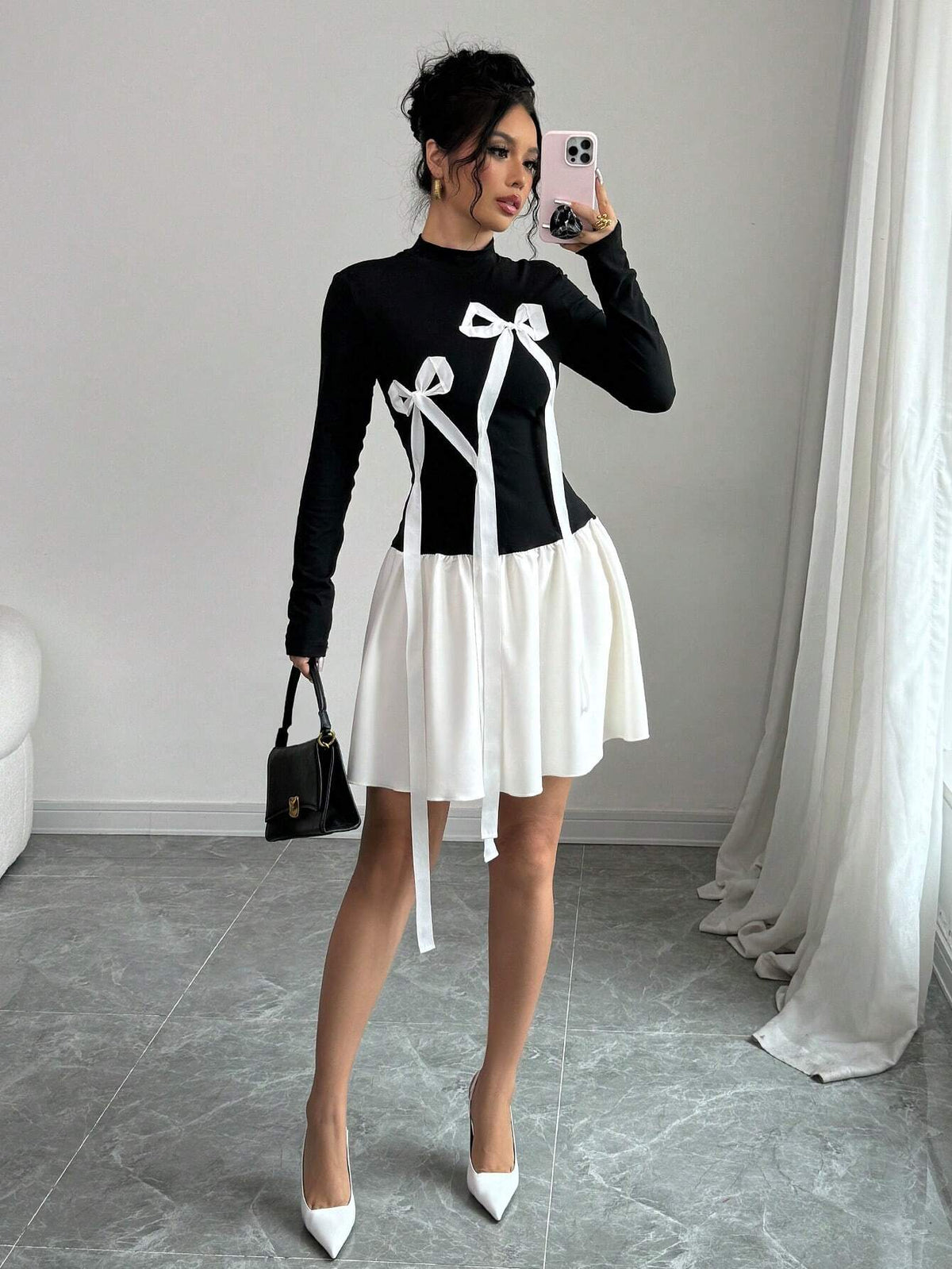 Bow Splicing Sexy Colorblock High Neck Long Sleeve Dress For Women