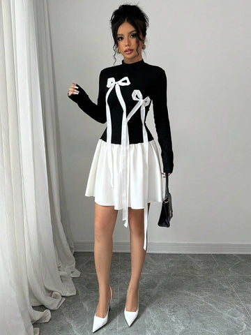 Bow Splicing Sexy Colorblock High Neck Long Sleeve Dress For Women