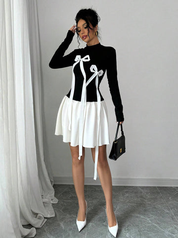Bow Splicing Sexy Colorblock High Neck Long Sleeve Dress For Women