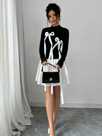 Bow Splicing Sexy Colorblock High Neck Long Sleeve Dress For Women