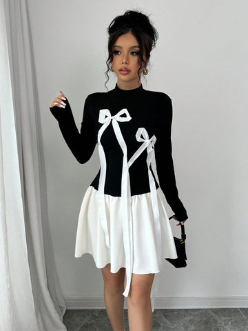 Bow Splicing Sexy Colorblock High Neck Long Sleeve Dress For Women