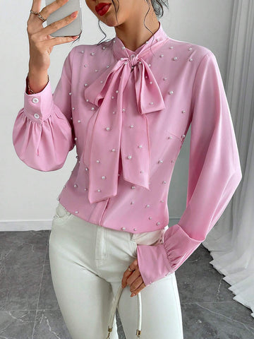 Clasi Bow Tie Collar Bubble Bead Decor Long Sleeve Shirt