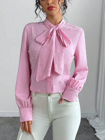 Clasi Bow Tie Collar Bubble Bead Decor Long Sleeve Shirt