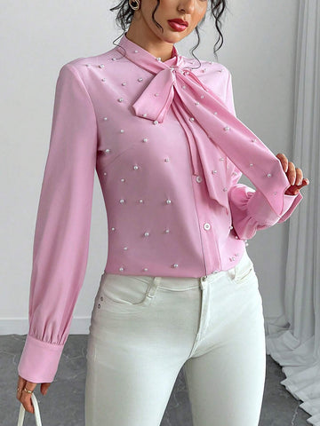 Clasi Bow Tie Collar Bubble Bead Decor Long Sleeve Shirt