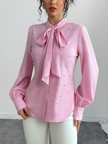 Clasi Bow Tie Collar Bubble Bead Decor Long Sleeve Shirt