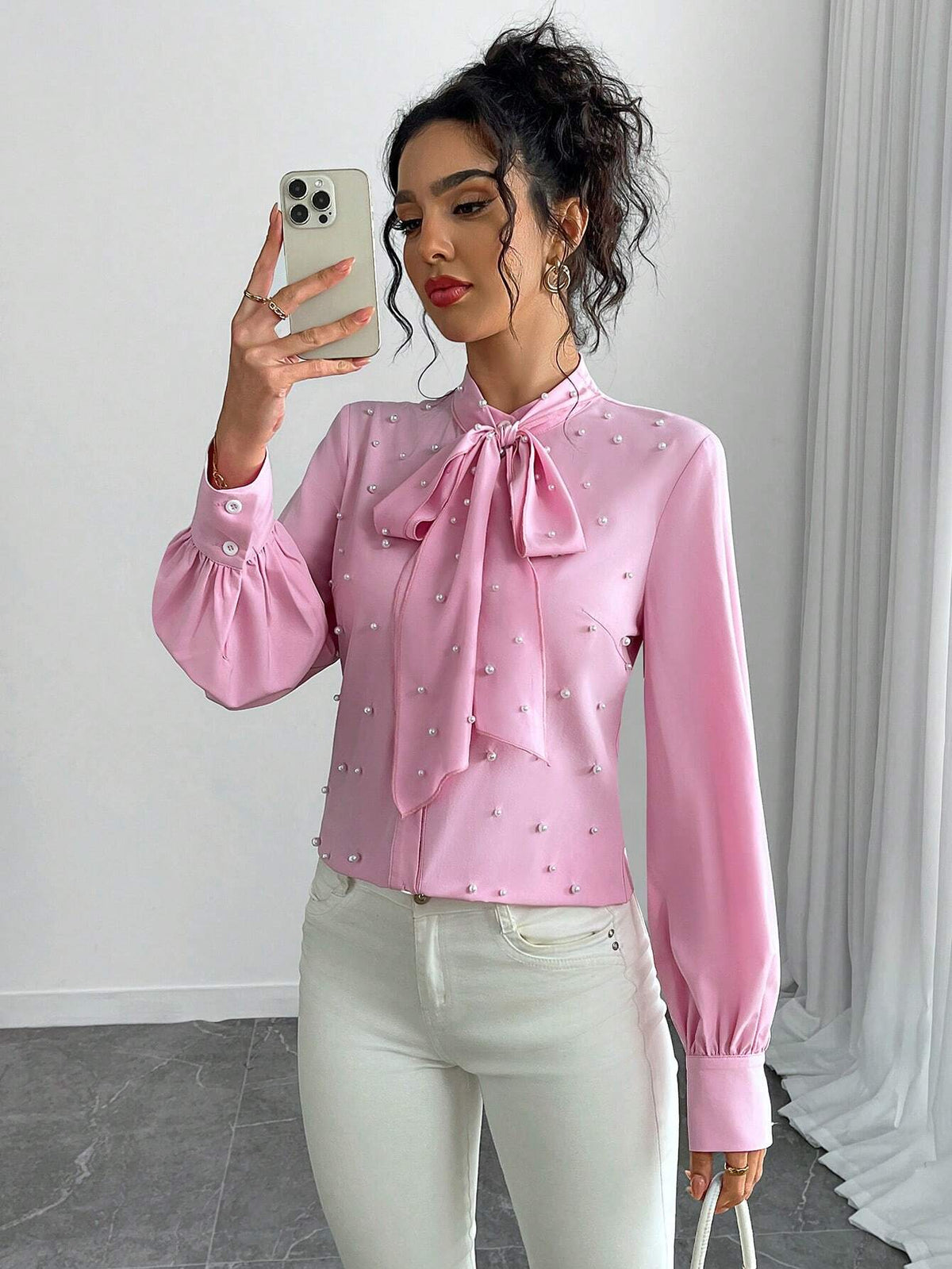 Clasi Bow Tie Collar Bubble Bead Decor Long Sleeve Shirt