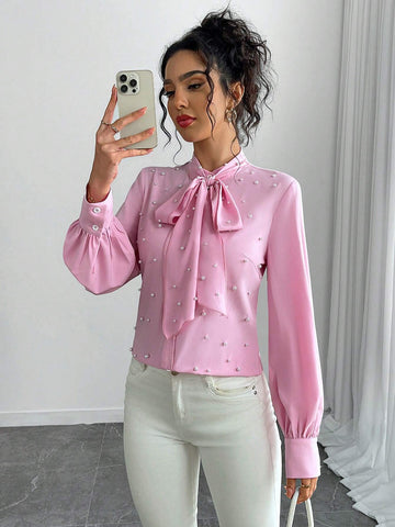 Clasi Bow Tie Collar Bubble Bead Decor Long Sleeve Shirt