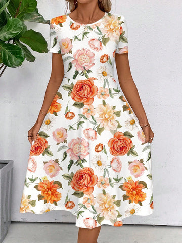 Bright Printed Short Sleeve Summer Dress For Women Outings