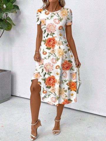 Bright Printed Short Sleeve Summer Dress For Women Outings