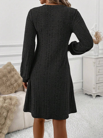 Brown V-Neck Knitted Short Dress, Long Sleeve, Autumn/Winter, For Women