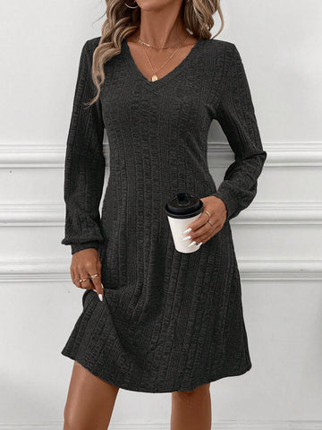 Brown V-Neck Knitted Short Dress, Long Sleeve, Autumn/Winter, For Women