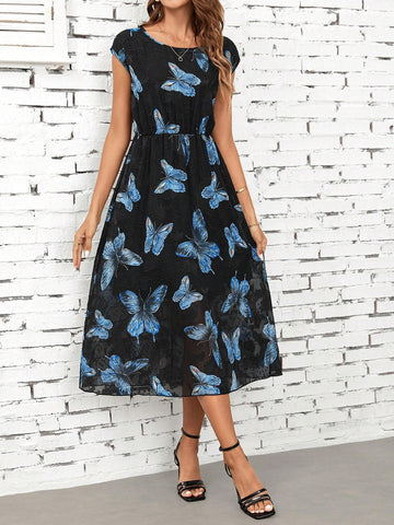 Butterfly Print Bat Sleeve Black And Blue Dress