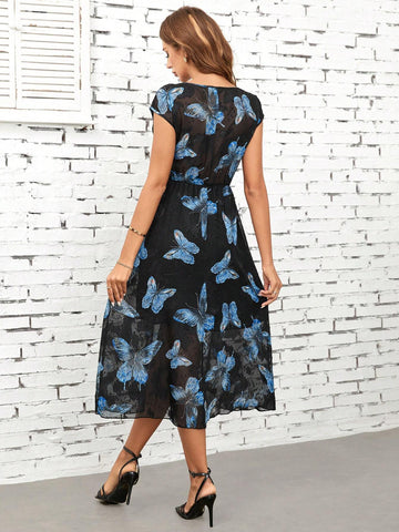 Butterfly Print Bat Sleeve Black And Blue Dress
